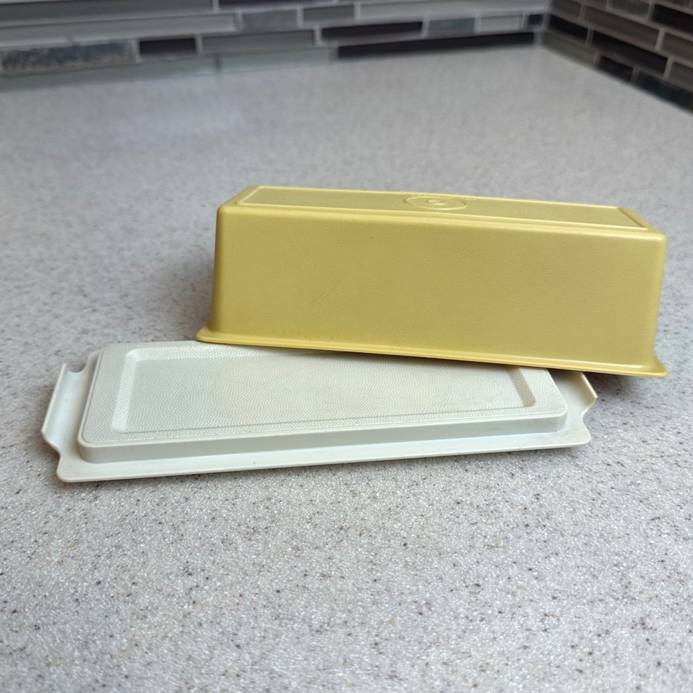 Vintage Tupperware Butter Dish Keeper #637 Harvest Gold Lid #636 Almond Base